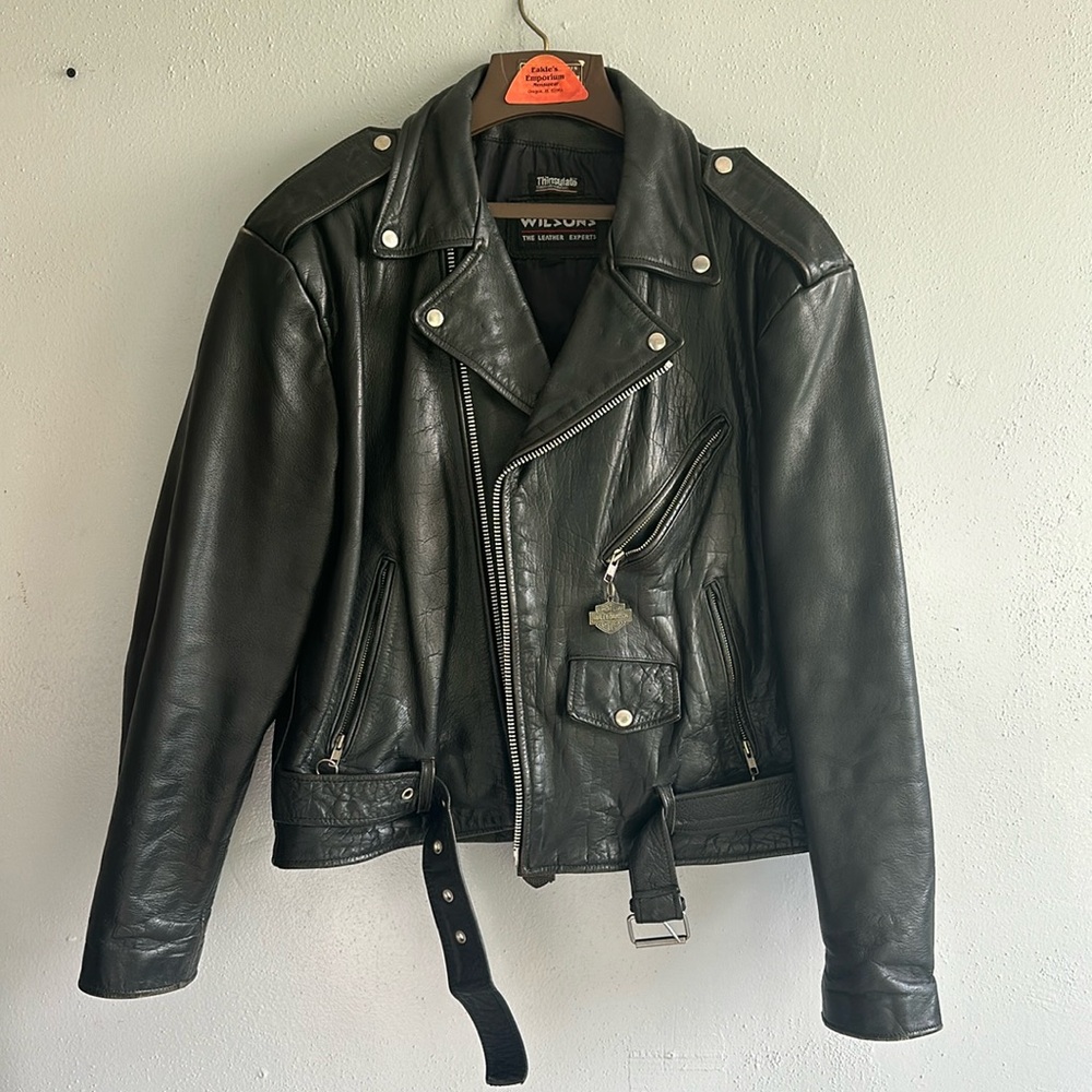 Wilson’s leather biker jacket, size large With Harley Davidson, zipper charms